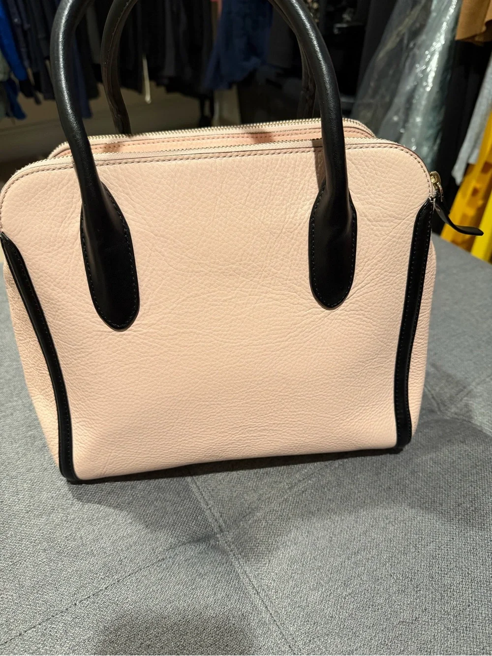 kate spade Pink Pebbled Leather Satchel with Black Trim and Handles
